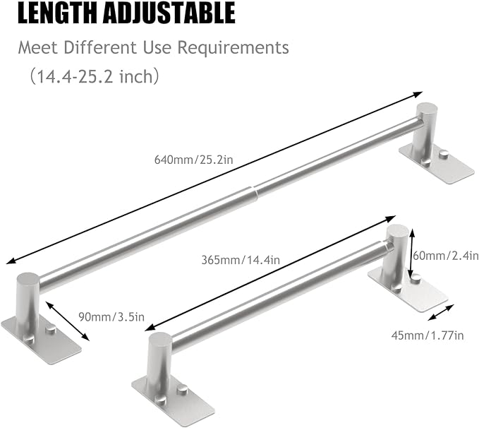Towel Bar, Adjustable 14.4inch - 25.2inch, Self Adhesive & Wall Mounted for Bathroom Kitchen Hand Towel Rack Holder Cloths Hanger SUS 304 Stainless Steel Organizer Single Bar Nickel Brushed