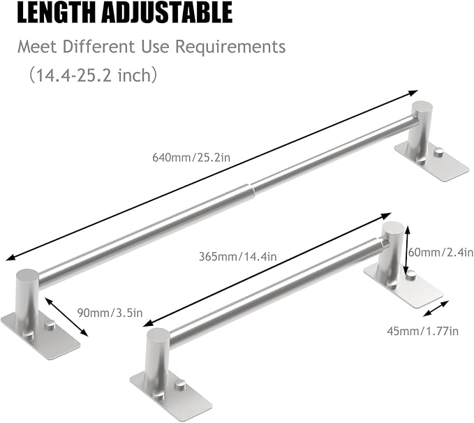 Towel Bar, 14inch to 25inch Adjustable Towel Holder Rod, Self Adhesive Wall Mounted Hand or Body Towel Rack for Bathroom Kitchen, Stainless Steel Organizer Single Bar (Brushed Nickel, 2 Pack)