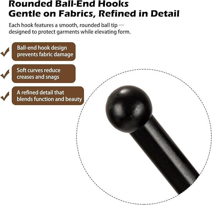 Wooden Coat Rack Freestanding, Adjustable Height Solid Wood Clothes Stand with 8 Ball-End Hooks, Stable Tripod Base, 5.7FT Floor Coat Tree for Entryway Bedroom Office, Black