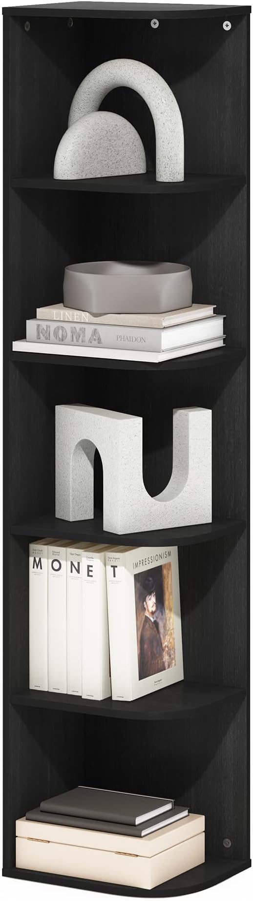 Furinno PASIR Book Shelf, 5-Tier Corner Bookshelf with Open Shelf, Standing Bookcase, 9.3 x 12 x 51.7, for Organization and Storage, for Living Room, Bedroom, Home Office, Blackwood