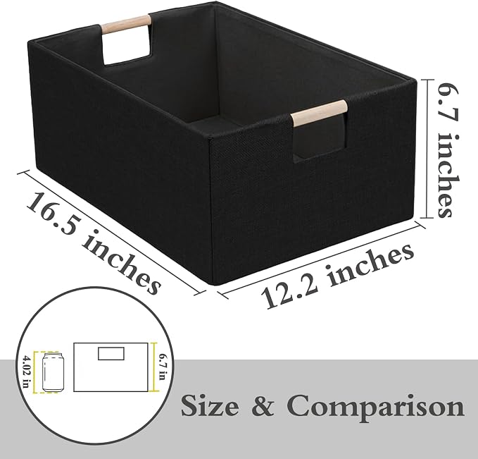 Foldable Fabric Storage Cubes, 2 Packs Cloth Storage Baskets with Wooden Handles, Collapsible Shelf Closet Organizer Bins, Rectangular Storage Boxes for Decor (Black 2 Pack)