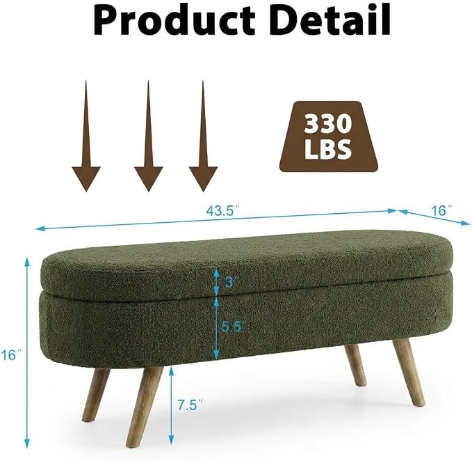 43.5” Storage Ottoman Bench，Upholstered Oval End of Bed Bench for Bedroom | Modern Linen Ottoman with Storage, Entryway Foot Rest with Wooden Legs, Lift-Top Lid with Safety Hinge, Living Room, Green