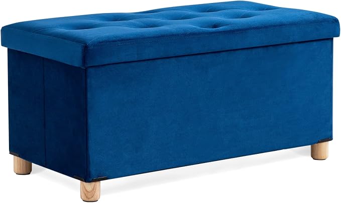 BRIAN & DANY 30 Inches Folding Storage Ottoman Bench, Ottoman with Storage for Living Room, with Wooden Feet and Lid, Blue