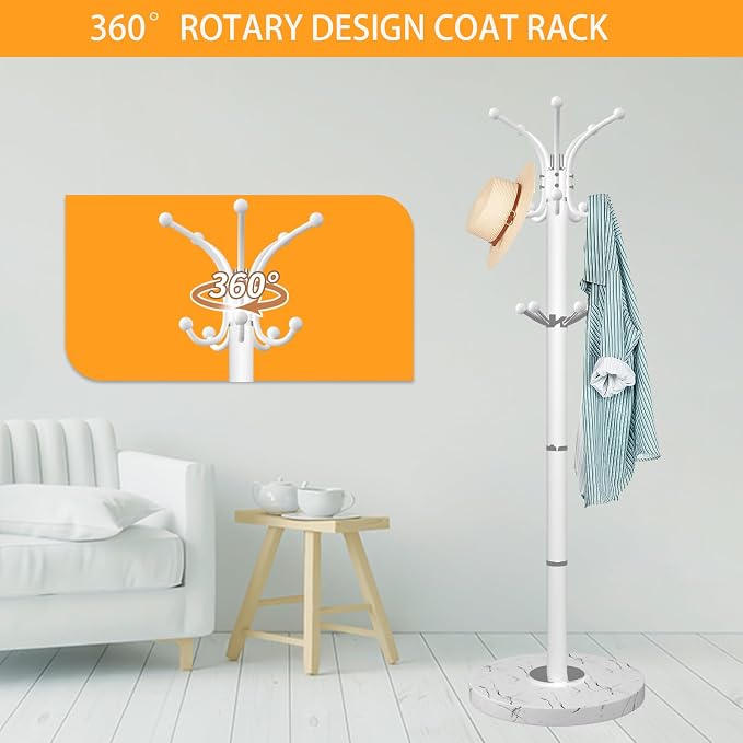 ZOZOE Metal Coat Rack Stand, Modern Coat Rack Freestanding with Natural Marble Base, 360° Rotary Design Coat Racks with 14 Hooks,White Coat Tree Hanger Stand for Bags,Hats,Entryway,Office