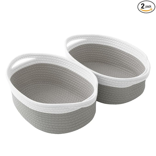 2 Pack Small Woven Rope Basket with Handles, White&Grey | Empty Gifts Basket with Bag and Ribbons, Cute Handle Organizer Box, Birthday/Baby Shower, Toy Storage