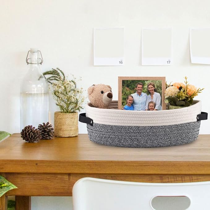 Small Cotton Rope Woven Basket Toilet Paper Baskets for Organizing Decorative Basket for Boho Decor Small Storage Basket 13"x5.9"x4" Variegated Gray&White