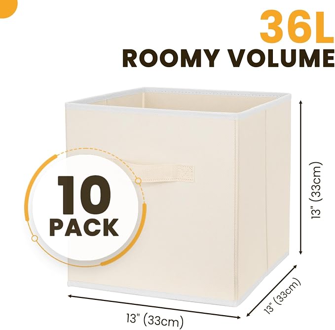 Criusia Large Storage Cubes, 13 Inch Cube Storage Bins for Shelves Closet Nursery Bedroom - 10 Pack Collapsible Storage Baskets with Handles - Fabric Bins for Organizing Magazines Clothes Toys (Beige)
