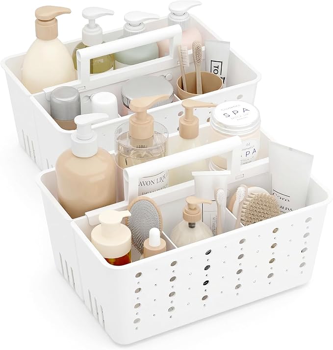 Lifewit Shower Caddy Portable, Caddy Organizer with Handle and Adjustable Dividers, Plastic Shower Basket for Dorm Room Essentials, College, Bathroom, White, 2 Packs