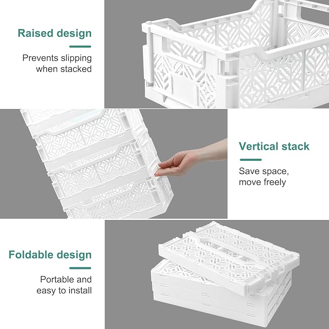 6 Pack Collapsible Storage Bins, White Plastic Crates for Storage with Label Slot,Stackable Plastic Storage Bins for Home Office Shelves Closet Kitchen,Space Saving for Daily Supplies（12.2"x8.3"x4.7")