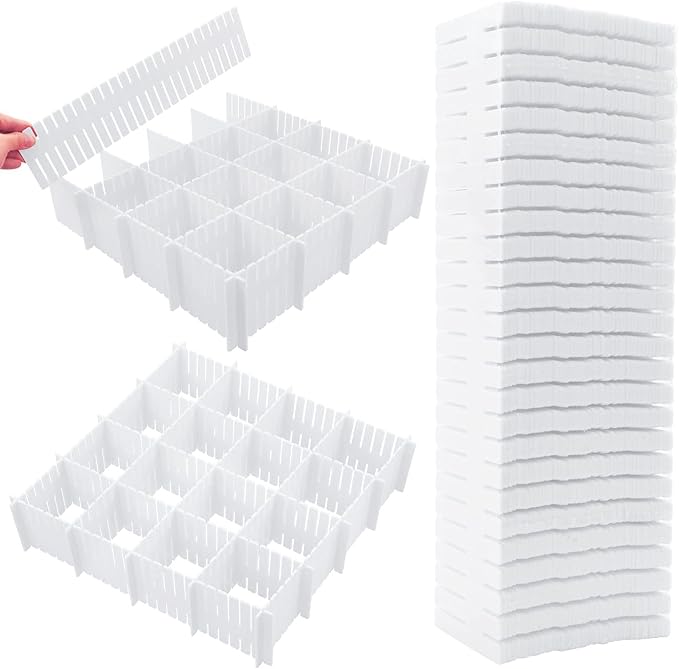 85Pcs Drawer Dividers, Adjustable Drawer Organiser, Cut at Will for Tidying Clutter Clothes, Socks, Makeup, Dresser, Kitchen White