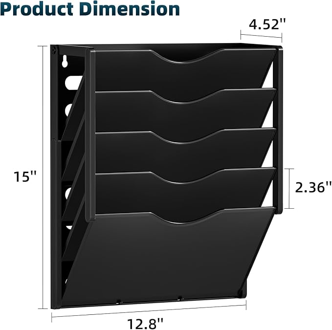 Marbrasse 5 Tier Wall File Organizer, Plastic Hanging File Holder for Mail, Magazines Paper Organizer Wall Mounted for Office Home (Black)