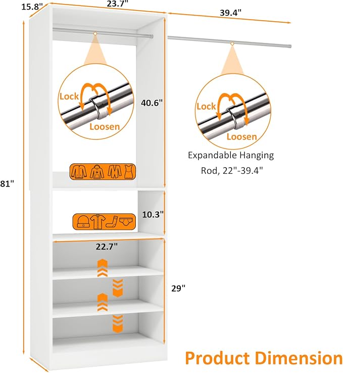 Closet System with 2 Adjustable Hanging Rods & 4 Shelves, 23.7" W x 15.8" D x 81" H, White