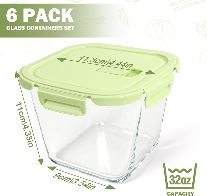 Borosilicate Glass Soup Containers with Lids, 4 Cup/32 oz, 6 Pack | Microwave Dishwasher Oven Freezer Safe | Airtight Leak Proof | Food Grade | Square Soup Meal Prep | Lunch | Food Storage Set