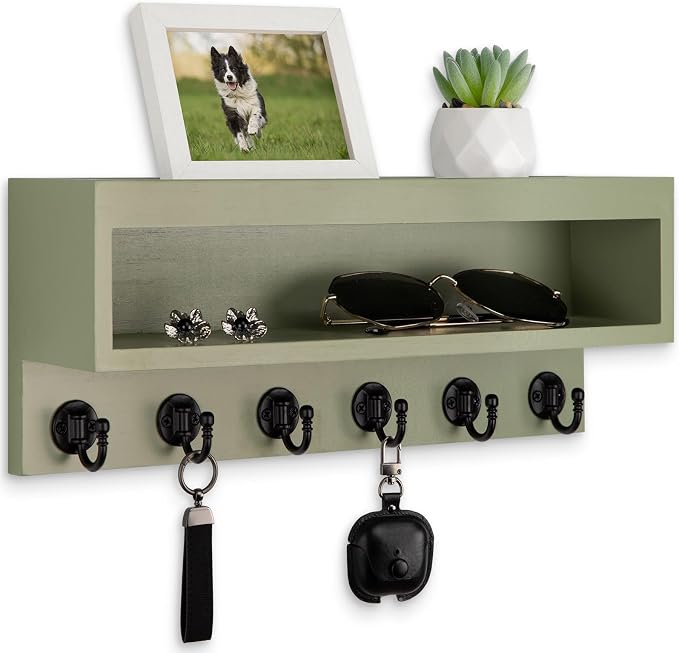 Key and Mail Holder Wall Mount, Key Hanger with Long Storage Box and 6 Hooks for Coat, Dog Leash, Home Decor Rack, House Accessories, Entry Way Organizer