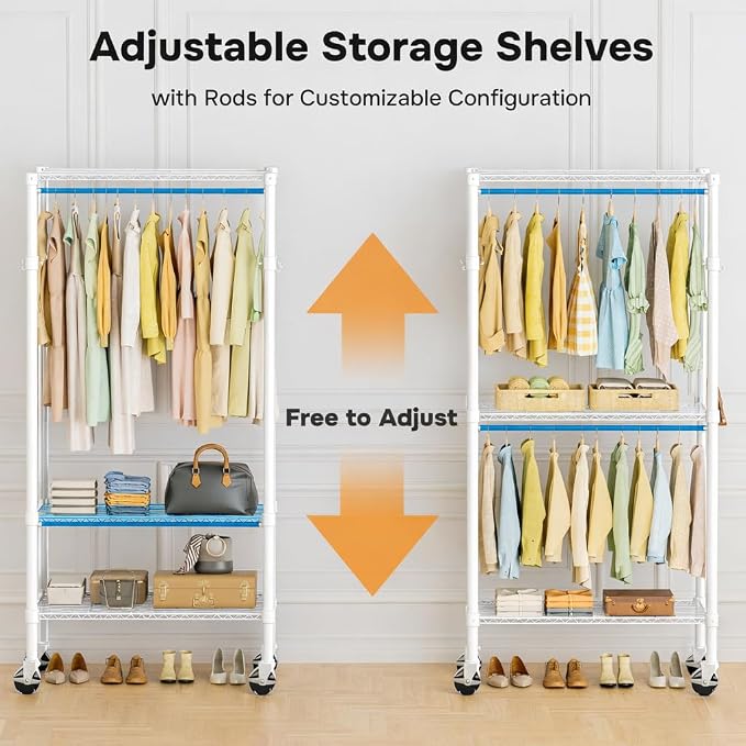 Simple Deluxe Rolling Clothes Rack, Heavy Duty Clothing Rack, 3-Shelf Portable Adjustable Wardrobe Closet with Wheels, Hanging Rods & Side Hooks, 29.5" W x 15.7" D x 75.6" H, White