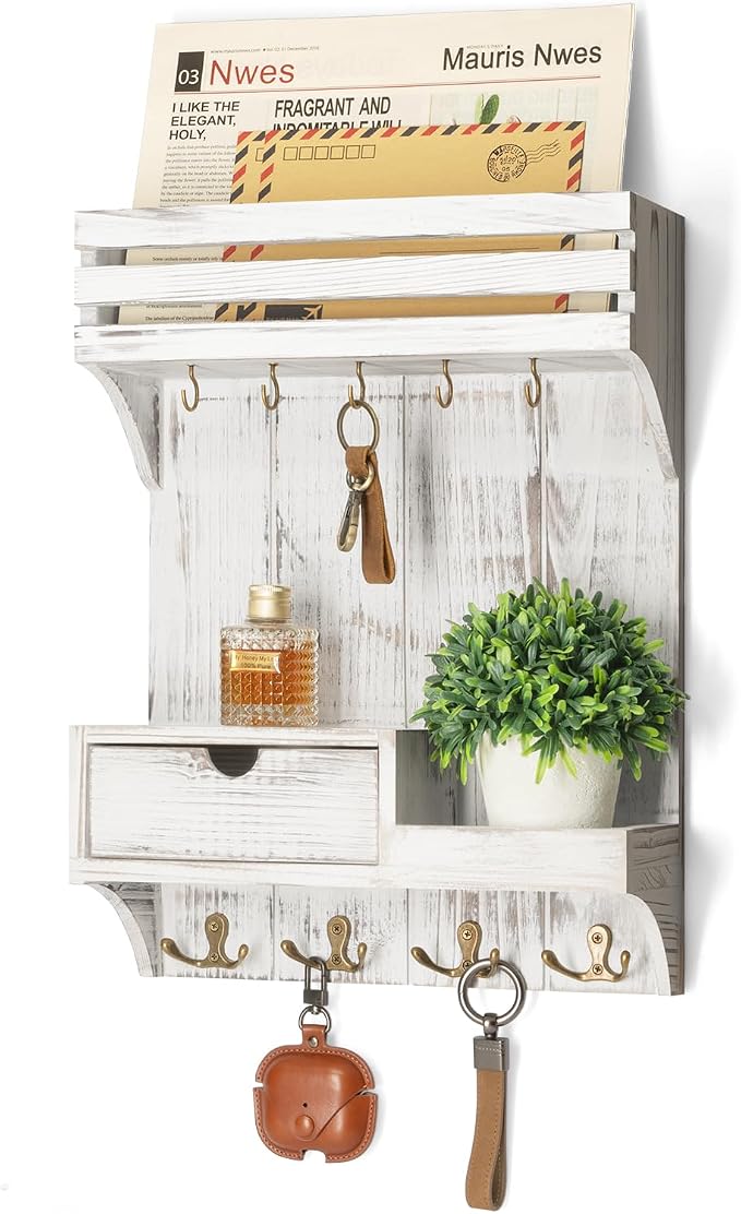 Rebee Vision Key Holder Wall Mount with Drawer for Home Decor, Whitewash | Sturdy Wood, Key Holder for Wall, 6 Rustic Hooks, Floating Shelf, Drawer Organizer, Mail Organizer, Chic Home Decor, Storage