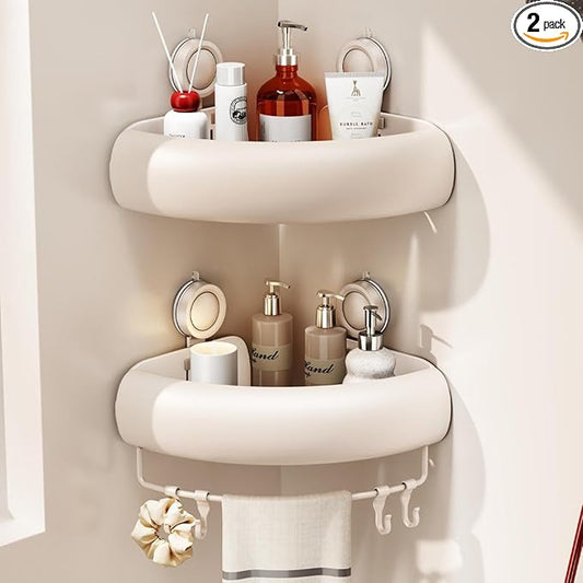 CICUFY Shower Caddy Suction Cup, 2 Pack No Drilling Corner Shower Shelves, Rust Proof Bathroom Storage Organizer, Shower Corner Caddy with Removable Hooks and Towel Bar, Triangle, Cream