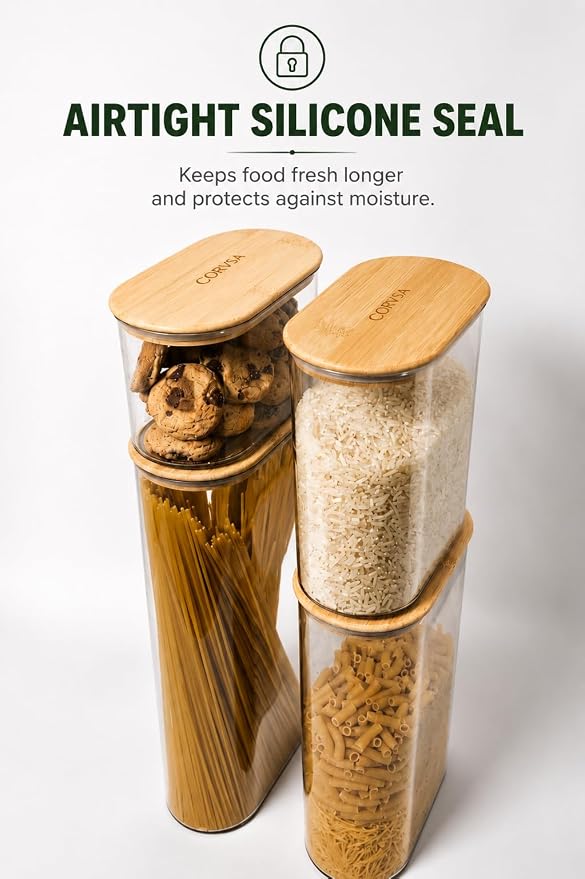 Airtight Food Storage Containers 4 piece Set, BPA-Free Kitchen Canisters with Bamboo Lids & Silicone Seal, Stackable Kitchen Organization.