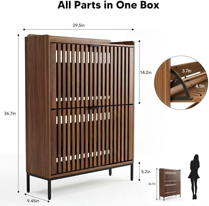 Shoe Cabinet for Entryway, Slim Freestanding Shoe Rack Organizer with 2 Flip Drawers, Narrow Hallway Storage Cabinet with Breathable Doors, Classic Walnut
