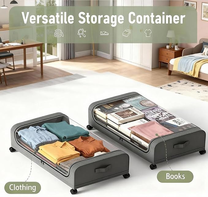 Under Bed Storage with Wheels, 6.7'' Tall Underbed Storage Containers with Lids - Rolling Bins for Shoes Clothes Blankets (Grey, 2-Pack XXL)