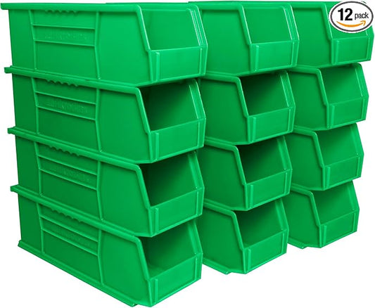 Akro-Mils 30234 AkroBins Plastic Storage Bins, 15"x5"x5", Green, 12-Pack | Space-Saving Stackable Bins for Garage, Pantry, Craft Organization