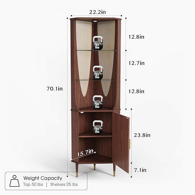 JOINICE Tall Corner Bar Cabinet for Liquor,Mid-Century Modern,Walnut,70" | Fluted Door,Glass Shelves,Wine Cabinet with Led for Living Room, Kitchen,Dining Room,Easy Assembly,for Small Apartment