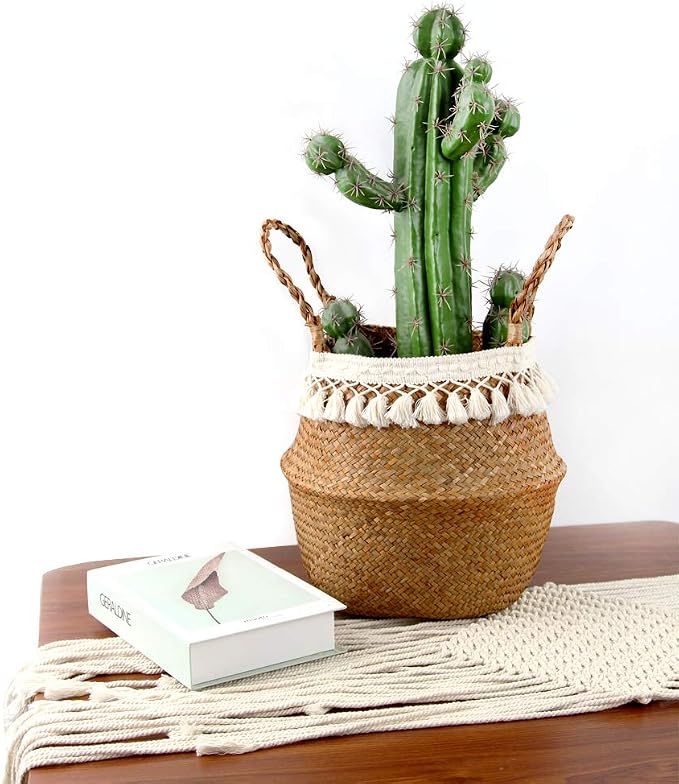 Boho Woven Seagrass Belly Basket for Storage Plant Basket or Toy Basket Living Bathroom (Large, Beige)