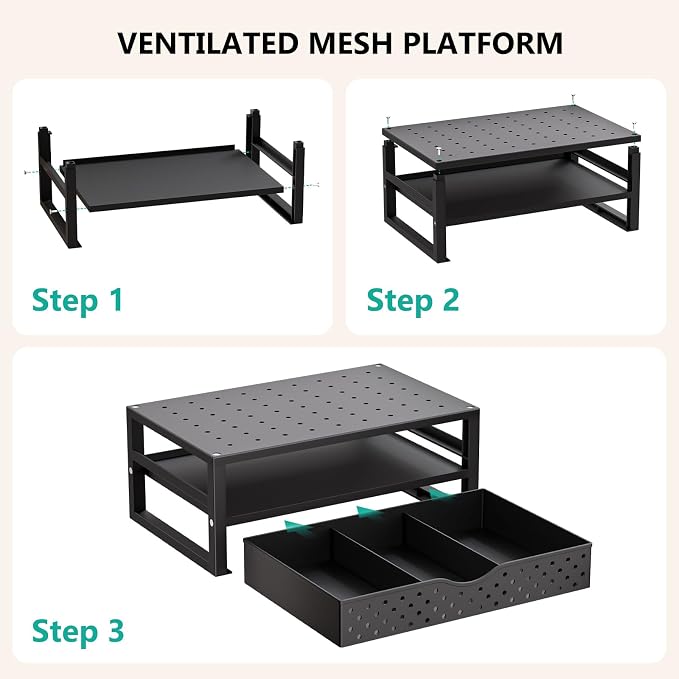 WALI Monitor Stand Riser with Drawer, Desk Organizers and Accessories for Computer, Printer, Laptop Stand for Home Office Supplies, (PTT005-B), 1 Pack, Black