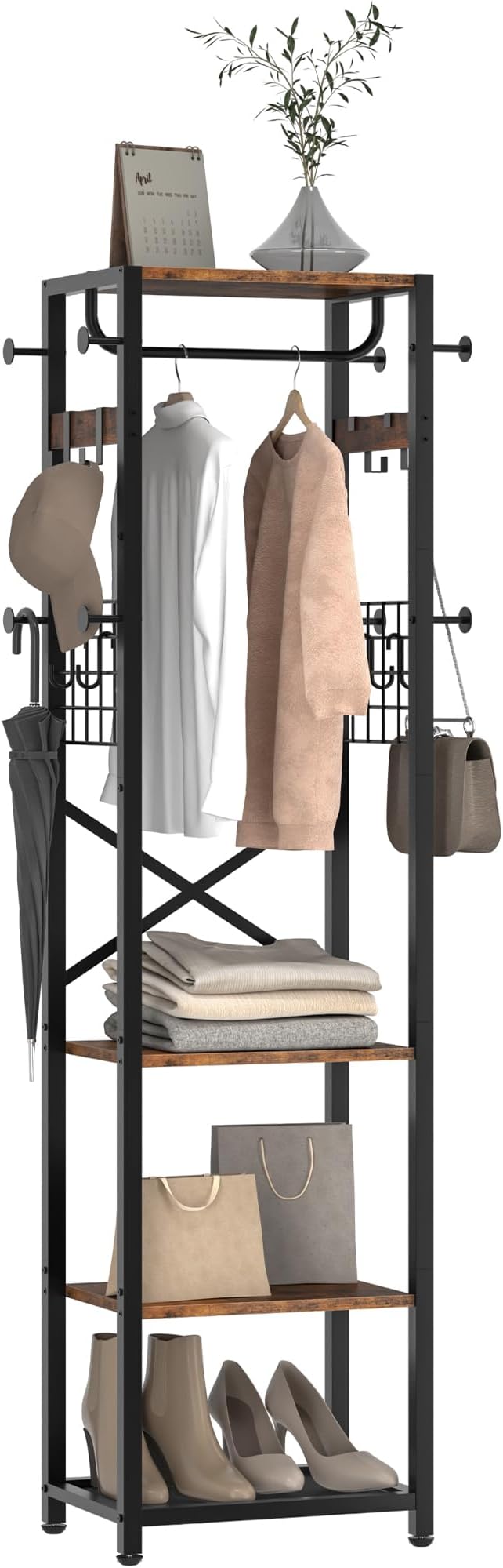 CHOEZON Coat Rack with Shelves, Freestanding Hall Tree, Coat Tree with 16 Hooks and Hanging Rail, Industrial Clothes Stand for Entryway, Hallway, Bedroom, Rustic Brown and Black TYM18BF