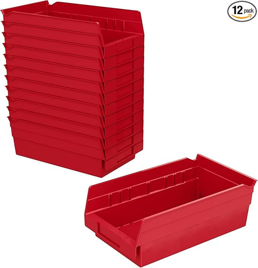 Akro-Mils 30130 Heavy Duty Plastic Shelf Bins, 12"x 6.5"x 4", Red, 12-Pk | Heavy Duty Nesting Storage Bins for Garage, Closet, Refrigerator, Kitchen, Cabinet, Drawer Organization, Pantry Organization
