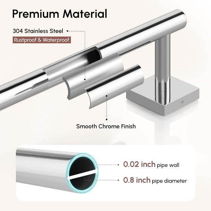 Polished Chrome Towel Bar, 18 Inch Towel Racks for Bathroom | Thicken 304 Stainless Steel Towel Holder with Square Base, Towel Rod Wall Mounted, Modern Home Decor (Total Length 20 Inch)