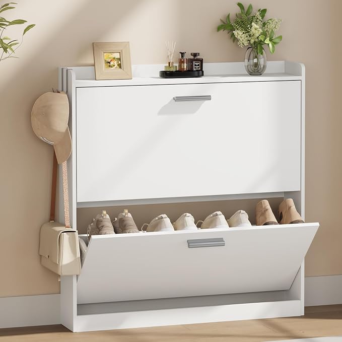 Shoe Cabinet Organizer with 2 Flip Drawers,Narrow Shoe Rack 31.5" W White | Freestanding shoe storage cabinet for entryway,foyer and hallway,space-saving flip drawers,Adjustable Shelves & 2 Hooks