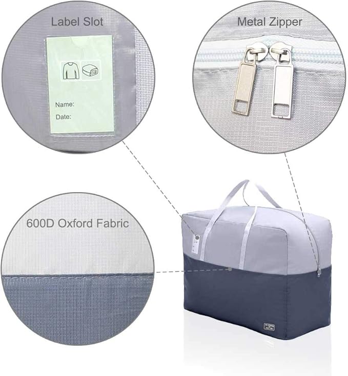75L large Zipper Under-bed Comforter Storage Bag,2park moving bag | (2) Folding Blanket Storage Bag with Reinforced Handle, Bedding, Quilt, Clothes, Pillows, travel storage organizer, Grey