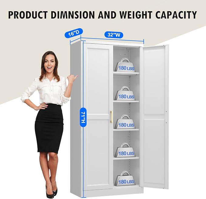 Polup White Kitchen Pantry Cabinet, 71 Inch Tall Metal Storage Cabinet with Doors and Shelves, Pantry Cabinets for Kitchen Storage, Freestanding Cupboard for Living, Dining Room, Assemble Required