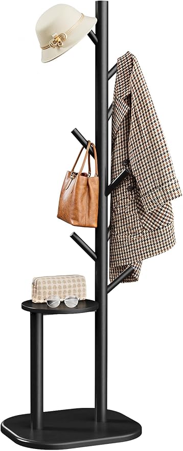 Pipishell Coat Rack, Freestanding Hall Tree with 8 Hooks & Storage Shelf, Solid Wood Base, 66.3″ Tall Coat Rack Stand for Coats, Hats, Bag in Entryway, Bedroom, Living Room, Black, PIFCR11B
