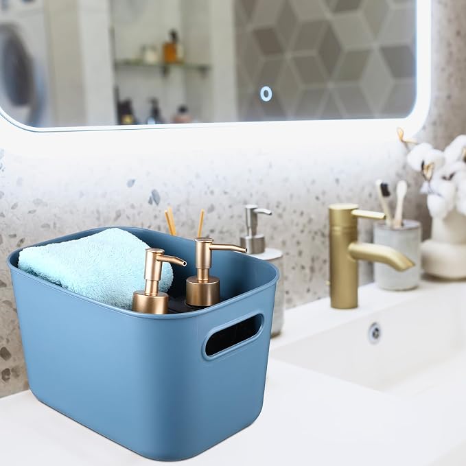 8 Pieces Colorful Storage Bins with Lid, Plastic Storage Basket Organizing Container Stackable Box with Handle for Shelves Desktop Playroom Office(16.1 x 12.0 x 9.7 Inch,Blue)