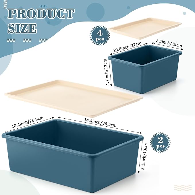 6 Pcs Large and Small Plastic Storage Bins with Lids 14.4 x 10.4 x 5.1 Inch Stackable Storage Containers Decorative Cubby Organizer for Clothes Shelves Garage Closet Office (Blue)