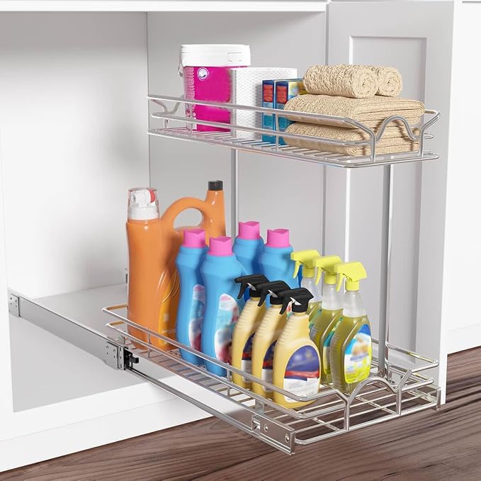 OCG Under Sink Cabinet Organizer Two Tier Pull Out Shelf (11.75W x 17D), Under Sink Sliding Shelf for Kitchen Bathroom Cabinet 2 Tier Chrome