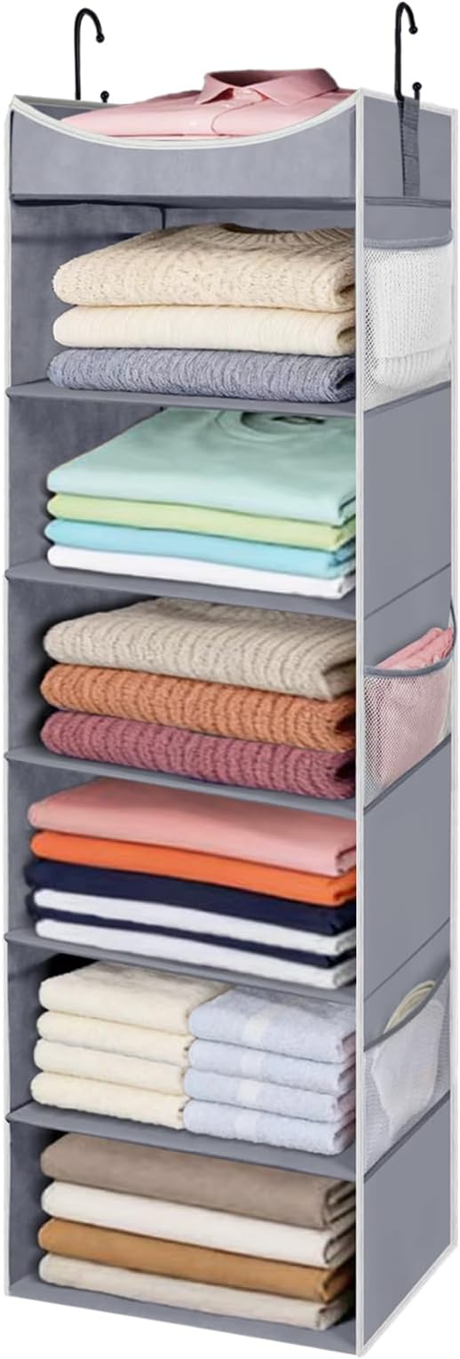 6-Shelf Hanging Closet Organizer and Storage with 6 Side Pockets, Collapsible Closet Hanging Shelves for Storage, Grey