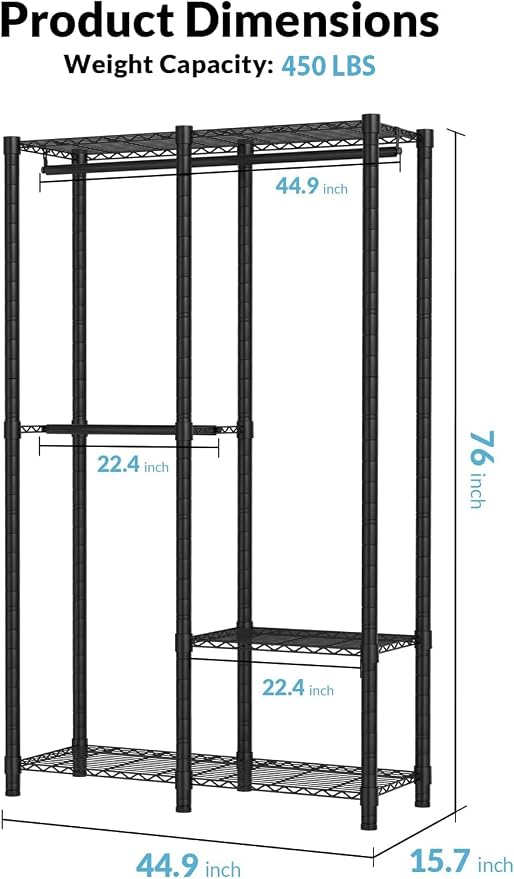 Heavy Duty Clothes Rack, 3 Tiers Sturdy Metal Clothing Rack with Hanger Rods & Shelves, Portable Closet Rack for Bedroom 45" W × 16" D × 76" H, Garment Rack Holds 450lb, Easy Assembly&Storage