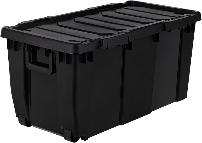 IRIS USA 2-Pack 32 Gal Heavy Duty Rolling Storage Totes with lids, Black | Integrated wheels make transporting heavy loads easier, Great for garages, workshops, camping gear and large equipment