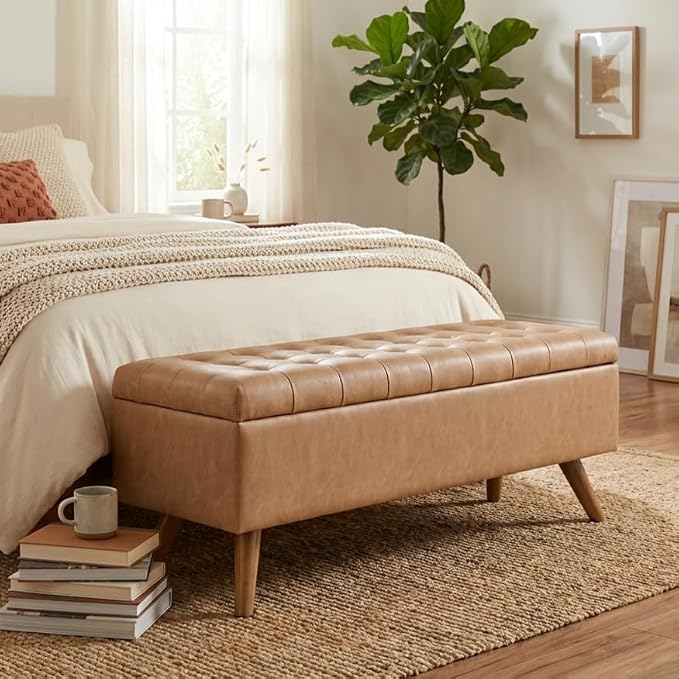 HomePop 48" Modern Tufted Storage Bench - Sand Faux Leather