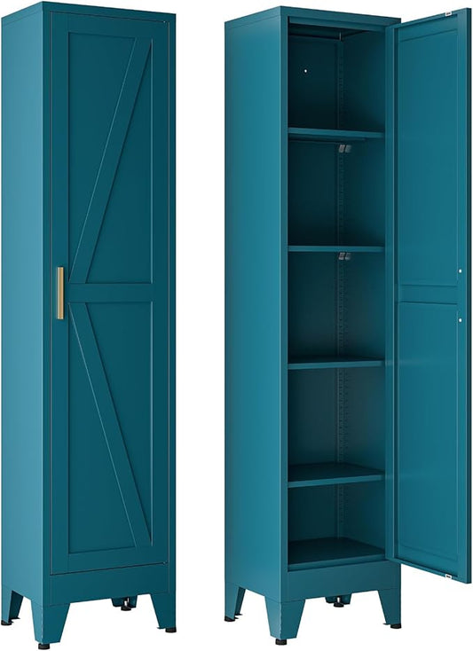 67" Tall Storage Cabinet with Reversible Doors and Adjustable Shelves,Metal Slim Freestanding Cabinet for Bathroom Kitchen Garage Small Spaces,Blue,5-Tier 1 Pack