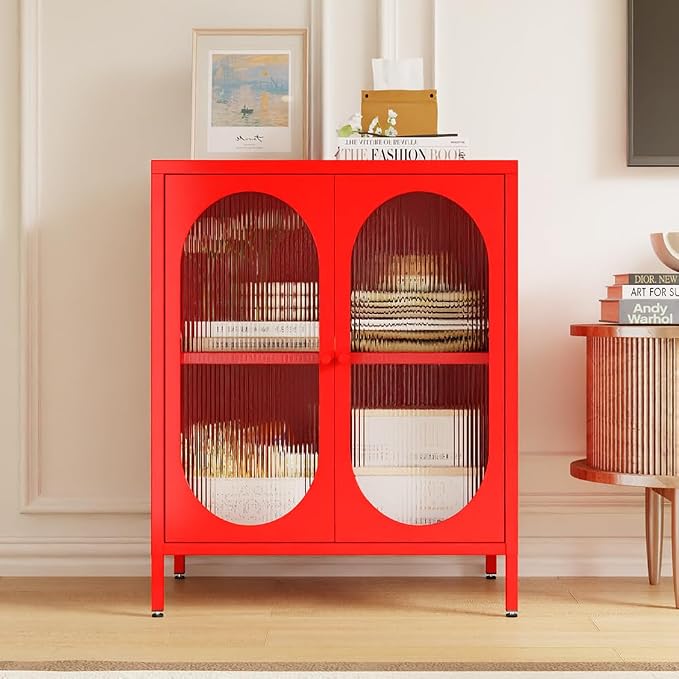 2 Translucent Door Metal Accent Storage Cabinet for Bedroom, Living Room, Office Room,Kitchen-Metal Locker Cabinet with 1 Adjustable Shelves-2-Tier (red)