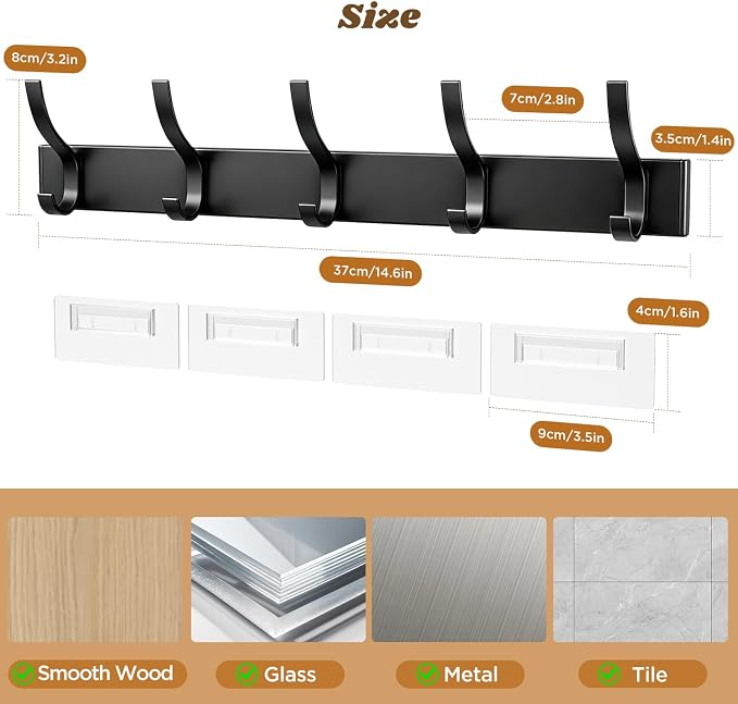 MIAOW Over The Door Hooks, Strong Adhesive Hanger Shower Towel Racks Black | 10 Coat Hook for Shower Bathroom, Detachable Adhesive Hook Not Damage Door, Save Space|No Noisy, Adjustable Height for All