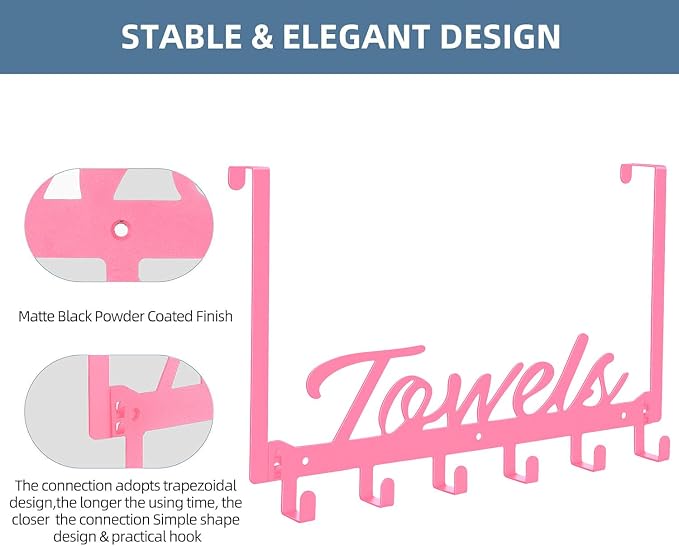 Azmoncy Over The Door Hooks, Towel Rack for Bathroom Door Rack for Hanging Heavy Duty, Door Hanger with 6 Hooks for Bedroom Bathroom Kitchen Bag, Coats, Hats(Pink)