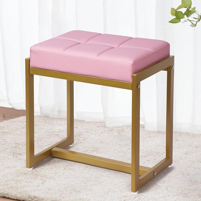 Vanity Stool, Pink Small Vanity Stools Chair, Square Cushion Makeup Chairs for Vanity, Metal Foot Stool Ottoman Seat for Bedroom Makeup Living Room, Pink & Gold