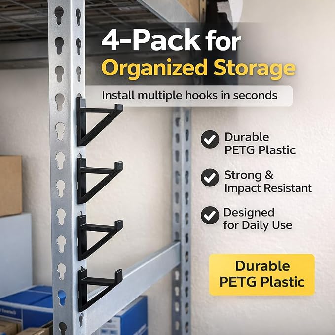 Garage Storage Utility Hooks (4-Pack) – Keyhole Shelving Hook Fits Standard Boltless Uprights – Strong Organization for Workshop & Shelves (Blue)