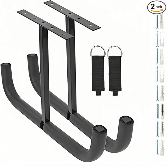 Overhead Garage Storage Hooks, Heavy Duty Double Ceiling Rack for Lumber Ladder Bikes Tires & Other Bulky Items (2)
