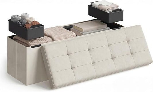 SONGMICS HOME Ottoman with Storage, Removable Lid, Folding Storage Chest, Easy Assembly, for Entryway, Bedroom, Living Room, 15.2 x 43.2 x 15.2 Inches, Velvet, White